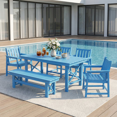 Ensemble de salle à manger de patio 6 pièces avec table de salle à manger en PEHD toutes saisons, 4 chaises et banc, blanc