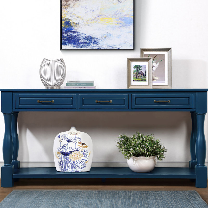 Console en bois de 63 po avec tiroirs et tablette pour le vestibule. Bleu marine, structure en pin massif, capacité de charge élevée, tiroir de 63 po facile à installer. Fonctionnel, assemblage