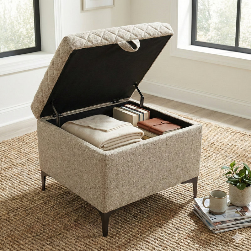 Reba Upholstered Storage Ottoman, Tan