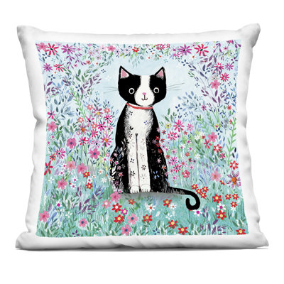 Black Cat with Whimsical Daisies Decorative Printed Throw Pillow, design by Clare Tupper