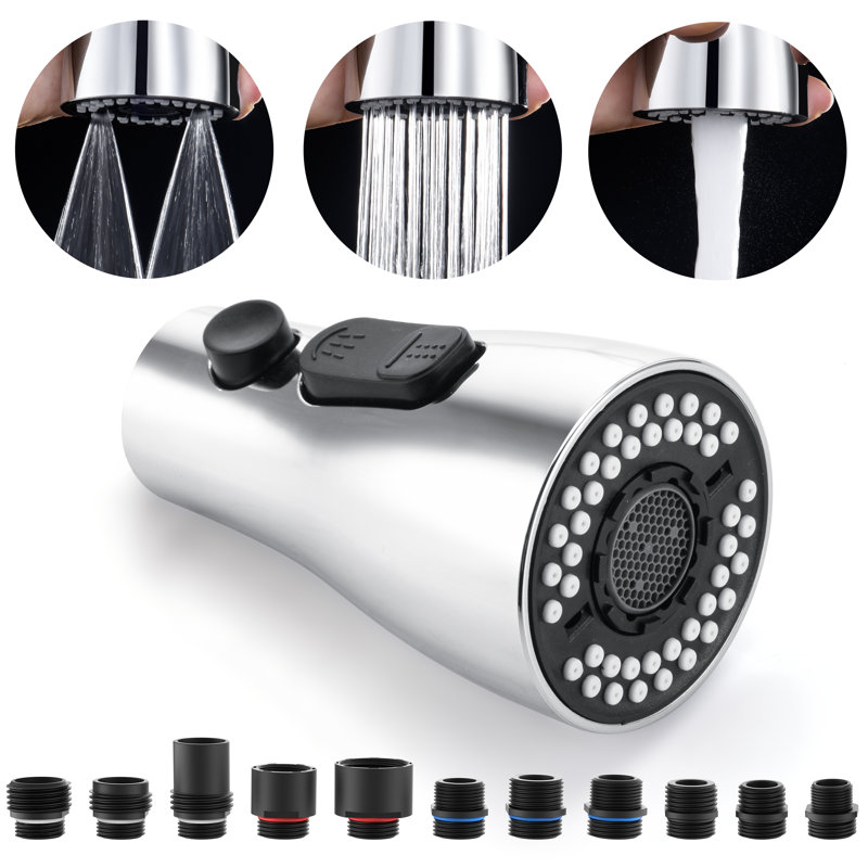 Robinet de cuisine rétractable extractible 3 modes avec 11 adaptateurs en noir mat, Chrome