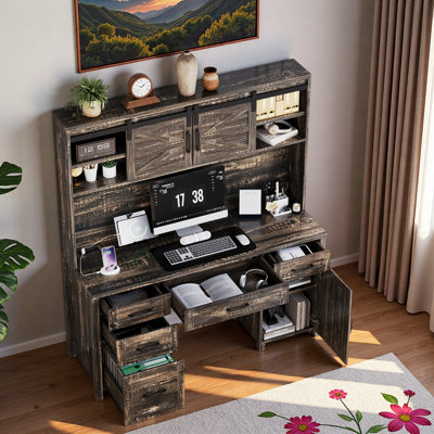 Bureau de ferme avec station de charge, huche de porte de grange coulissante, 5 tiroirs, armoire de rangement et tablette réglable à 3 positions