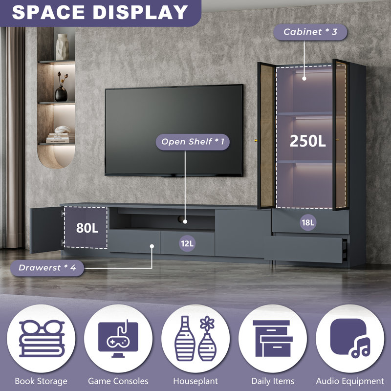 Meuble TV Crafton Modern gris de 260 cm (102,4 po) avec étagères à 3 niveaux pour téléviseurs de 55/58/65/75 pouces, ensemble de rangement en bois pour salon comprenant une console multimédia, des étagères vitrées et un éclairage.