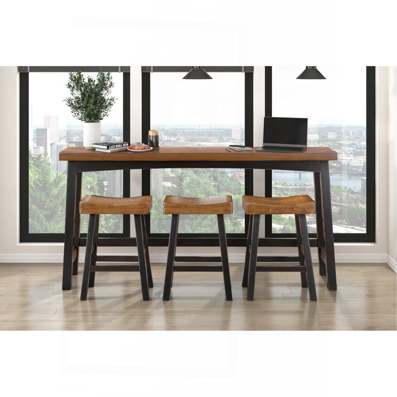 Ensemble de 4 tabourets à hauteur de comptoir, table et tabouret de comptoir transitionnels, meubles en bois d'hévéa noir et brun