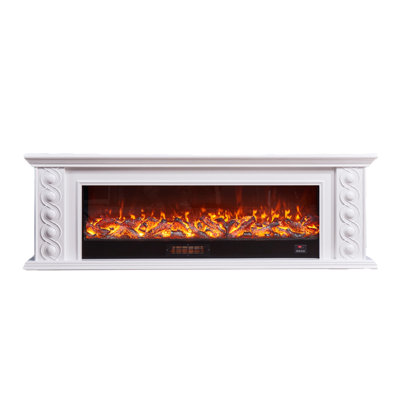 78.74"White Solid Wood Simulated Flame TV Cabinet Heating Electric Fireplace