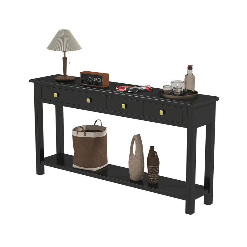  Table basse 60 po, console d'entrée moderne avec 4 tiroirs et tablette de rangement, noir