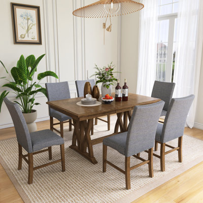7-Piece Solid Wood Mid-Century Extendable Dining Table Set