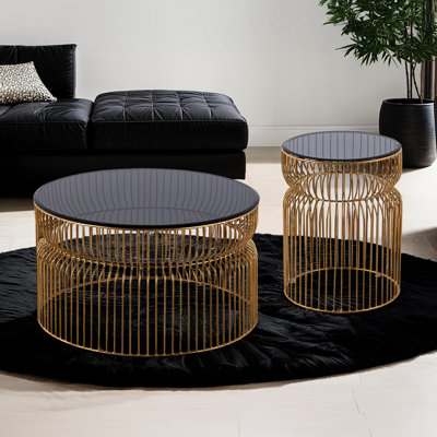 Table basse ronde de 30 po avec plateau en verre trempé doré et extrémité de 21 po de hauteur avec structure en métal, structure ouverte, esthétique moderne, pour les articles décoratifs quotidiens en or, plateau, design, idéal grand
