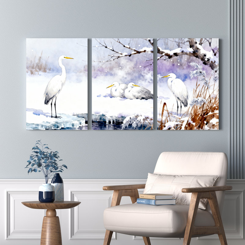 Ensemble de 3 tableaux sur toile représentant un héron en hiver, H 36 po x l 72 po