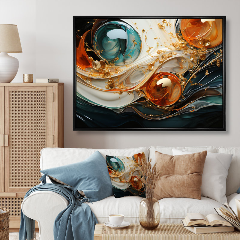 Orange et vagues ondulées oranges, Melody V - art mural abstrait, Cadre flottant noir, H 12 po x l 20 po x P 1 po