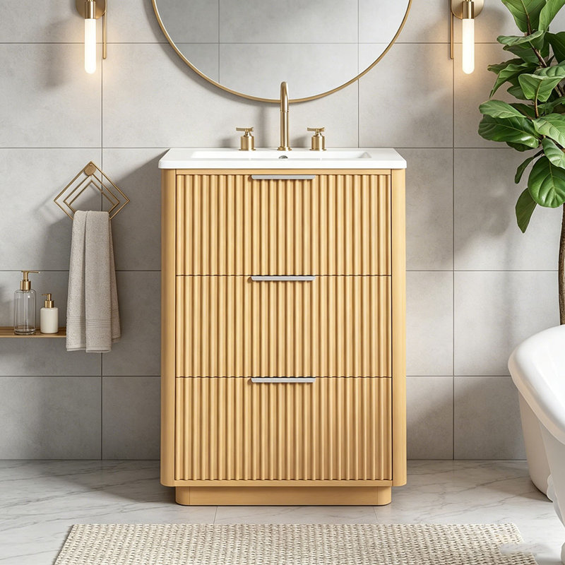 Meuble-lavabo de luxe moderne 24 po avec lavabo en céramique, armoire de salle de bain avec tablette ouverte et rangement fermé