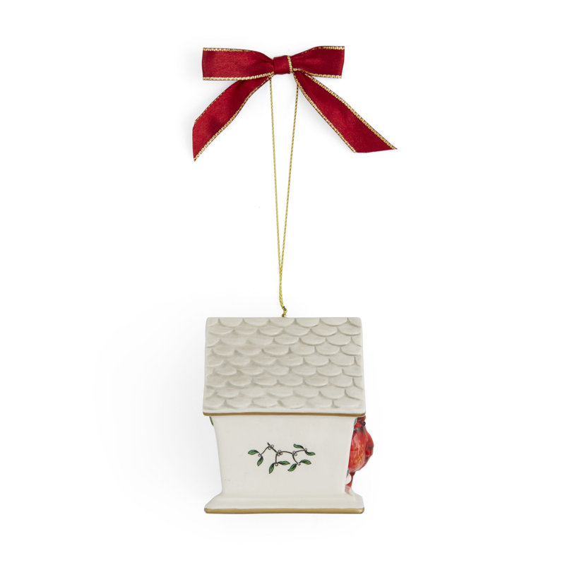 Elegant White and Red Porcelain Birdhouse Christmas Ornament
