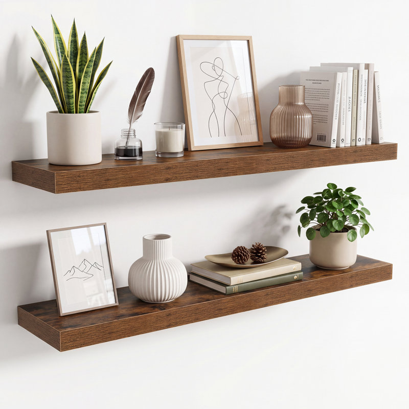 Tablettes flottantes en bois 2 pièces, présentoirs muraux de conception moderne, H 1,5 po x l 24 po x P 6,5 po, Blanc