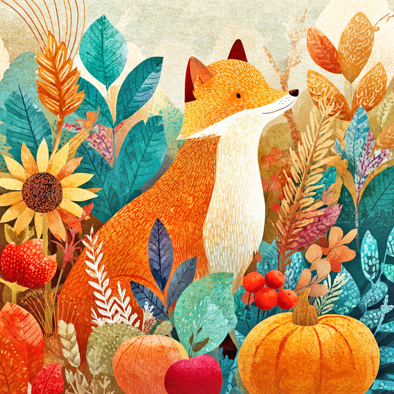«Whimsical Fox in Fall Leaves», art mural sur toile tendue