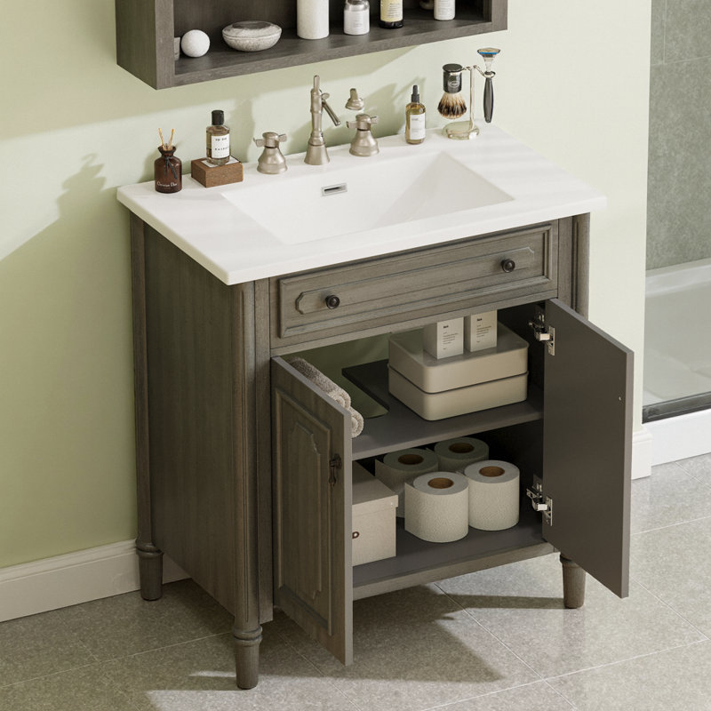 Meuble-lavabo vintage gris avec lavabo en céramique, portes à fermeture en douceur et design incurvé, Gris antique / gris