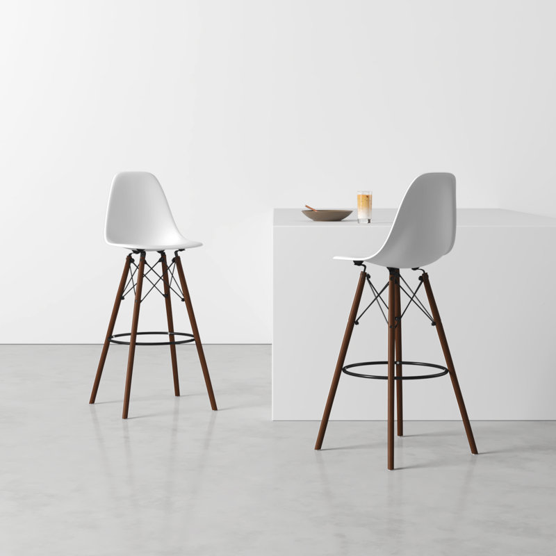 White and Walnut Mid-Century Modern Bar Stools with Acrylic Seats