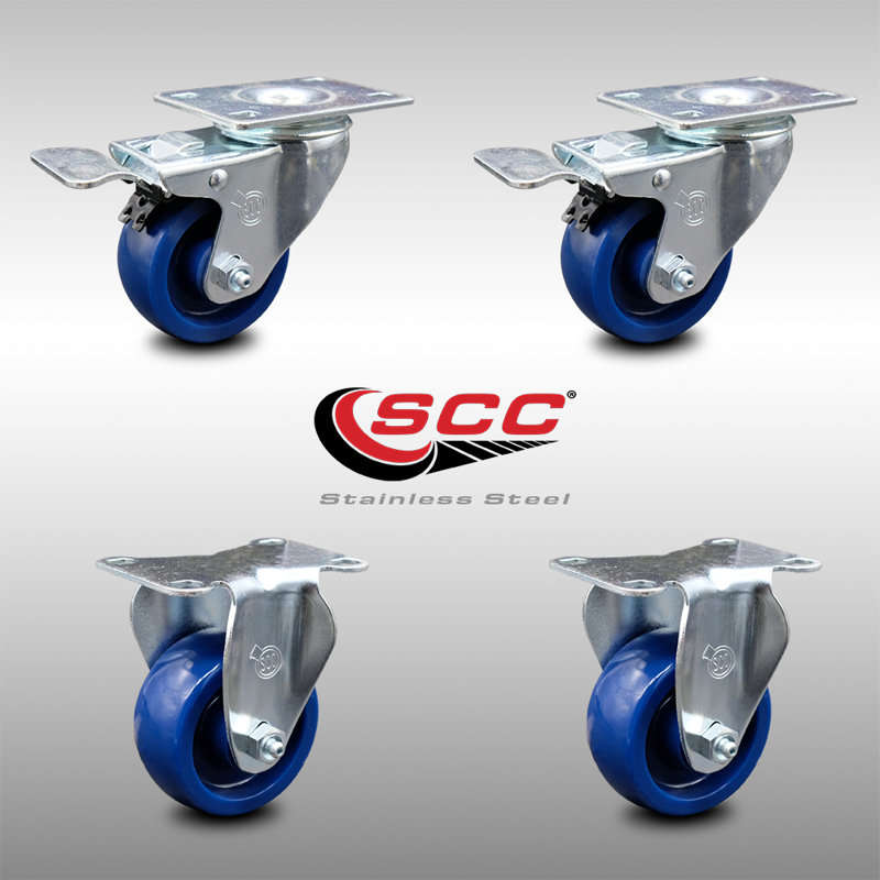 3.5 Inch SS Solid Polyurethane Top Plate Caster Set 2 Lock Brake 2 Rigid SCC