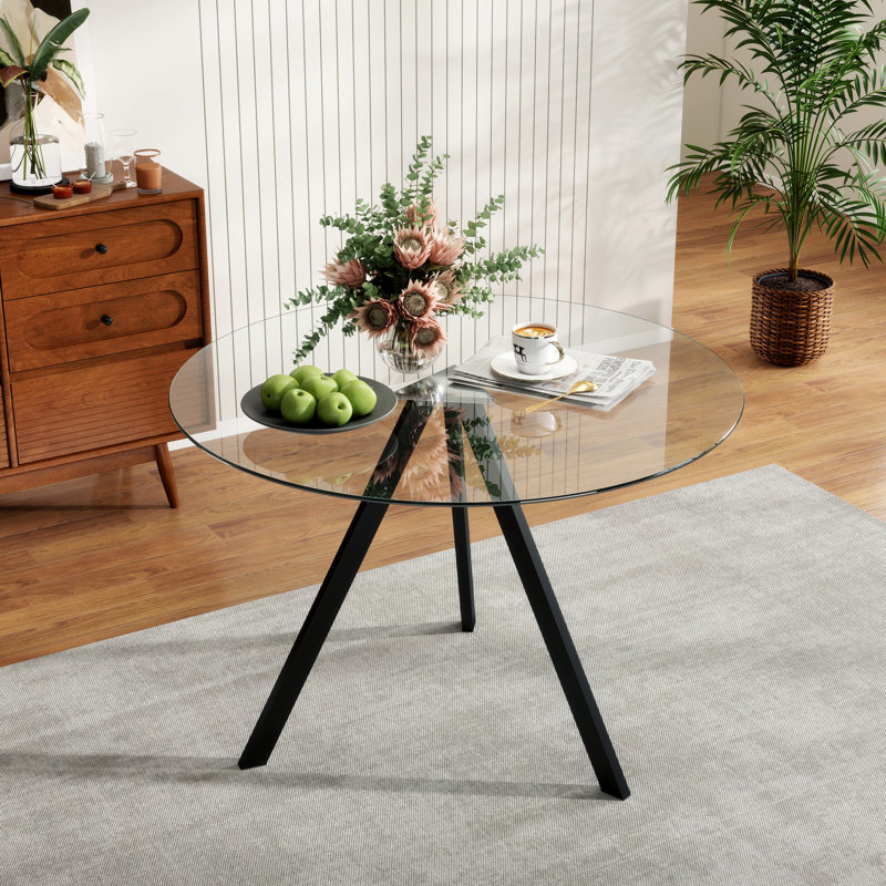 Table de salle à manger avec plateau en verre Bernadette, Noir, noir, noir, noir, H 29,5 po x l 39,2 po x P 39,2 po