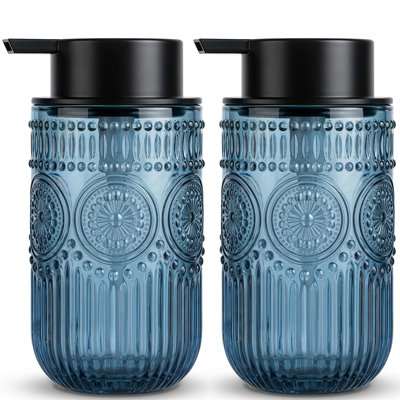 Glass Foaming Soap Dispenser, 14 OZ Vintage Embossed Foam Hand Soap Dispenser(Blue)