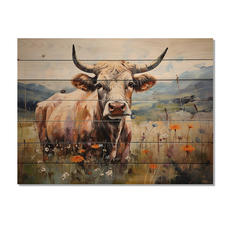 Vache dans des champs pastel - Art mural en bois de vache sur bois de pin naturel, H 30 po x l 40 po