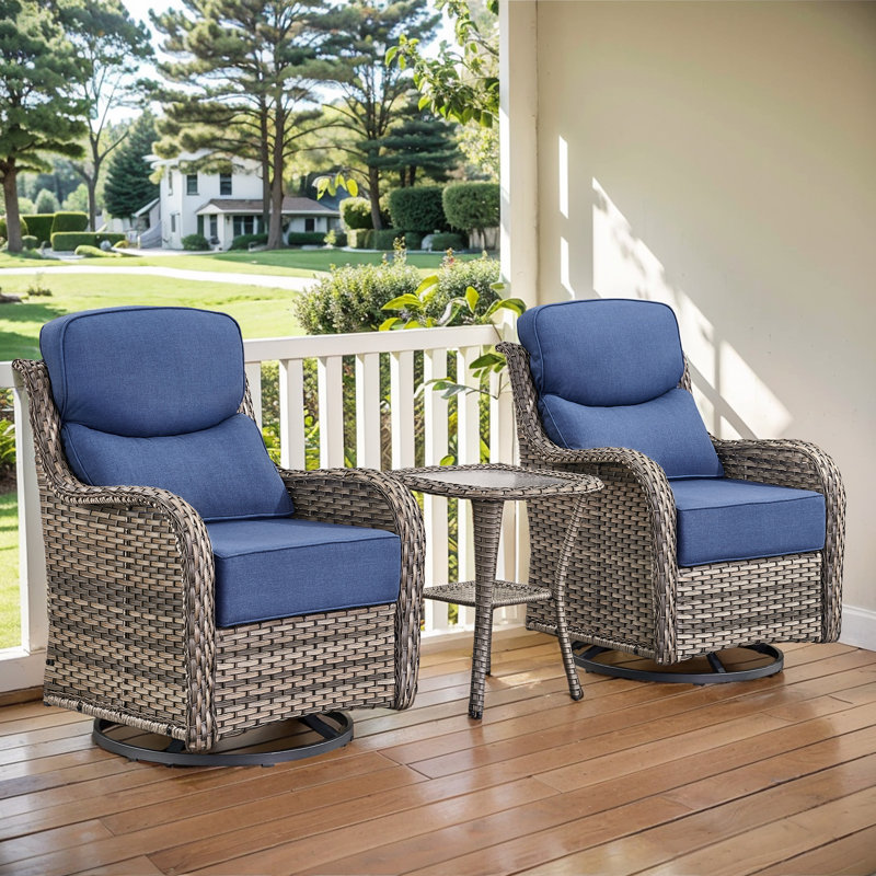 Deb 3-Piece Outdoor Conversation Set with Wicker Swivel Rocking Chairs and Side Table, Gray, Blue