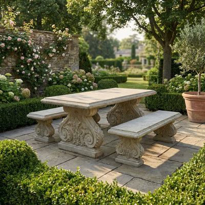 2 Piece Classic Acanthus Stone Garden Bench Set by One Allium Way