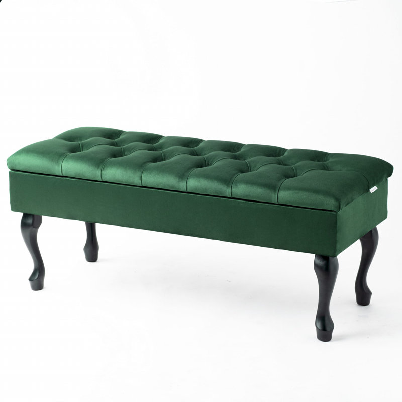Velvet Upholstered Storage Bench, Green/Black, 44cm H x 100cm W x 30cm D