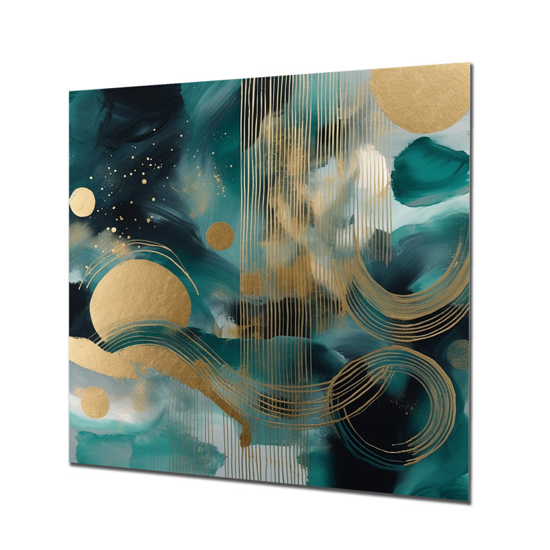 Vivid Emeral and Gold Contours Circles III - formes abstraites, art mural en métal, H 29 po x l 29 po