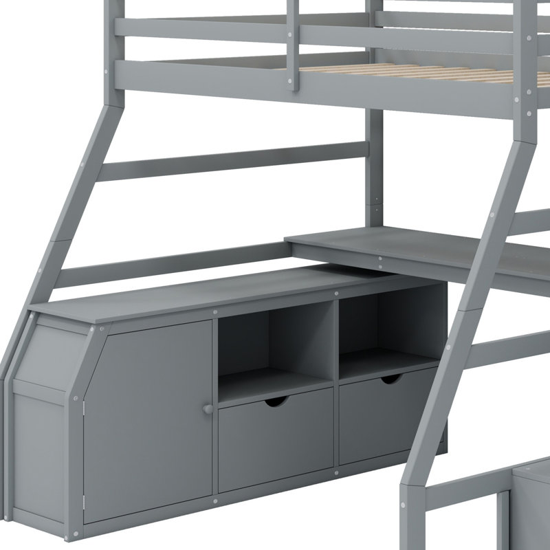 Lit mezzanine avec 7 tiroirs, 2 tablettes et un bureau, Gris