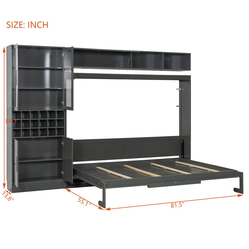  Grand lit escamotable mural avec canapé, tablettes de rangement, ports USB et éclairage, gris, gris, Grand