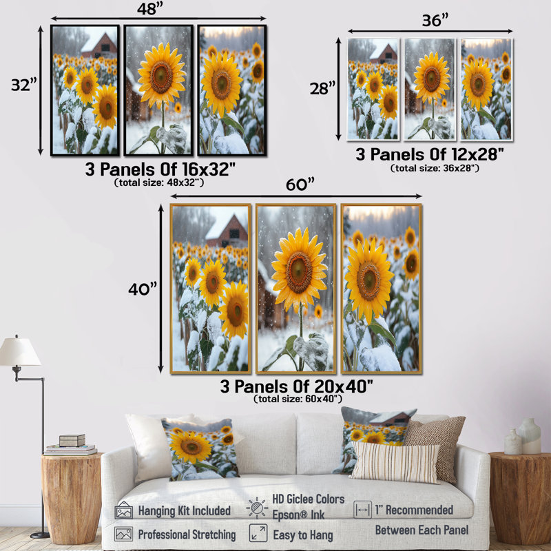 Tournesols champêtres dans une basse-cour enneigée I - Collection d'art mural traditionnel, H 28 po x l 36 po, Noir