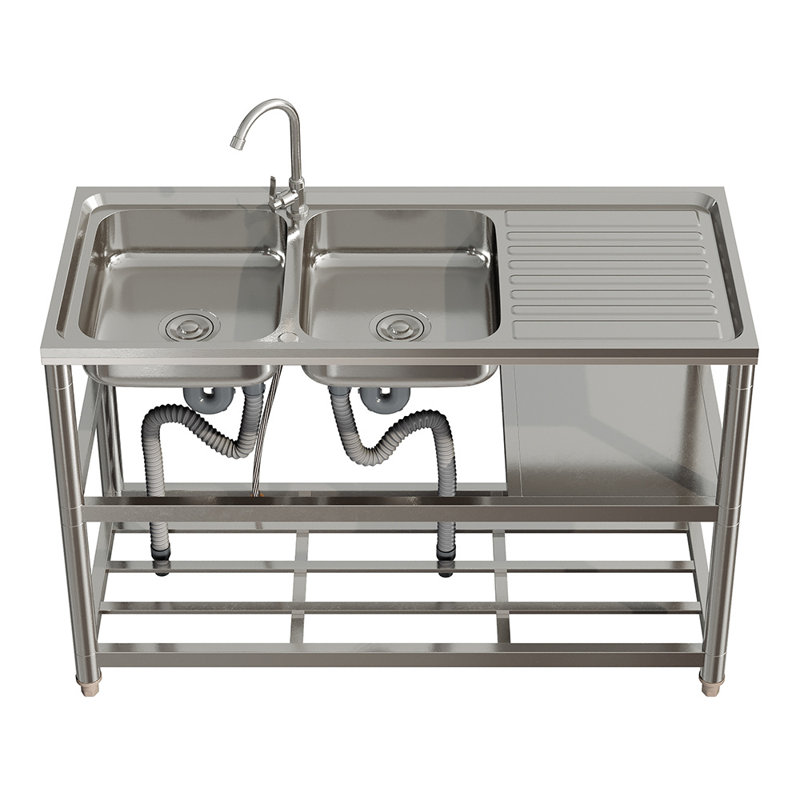 Belfry Kitchen Bevilacqua 500mm W Double Bowl Stainless Steel Freestanding Kitchen Sink with 2 Faucet Holes