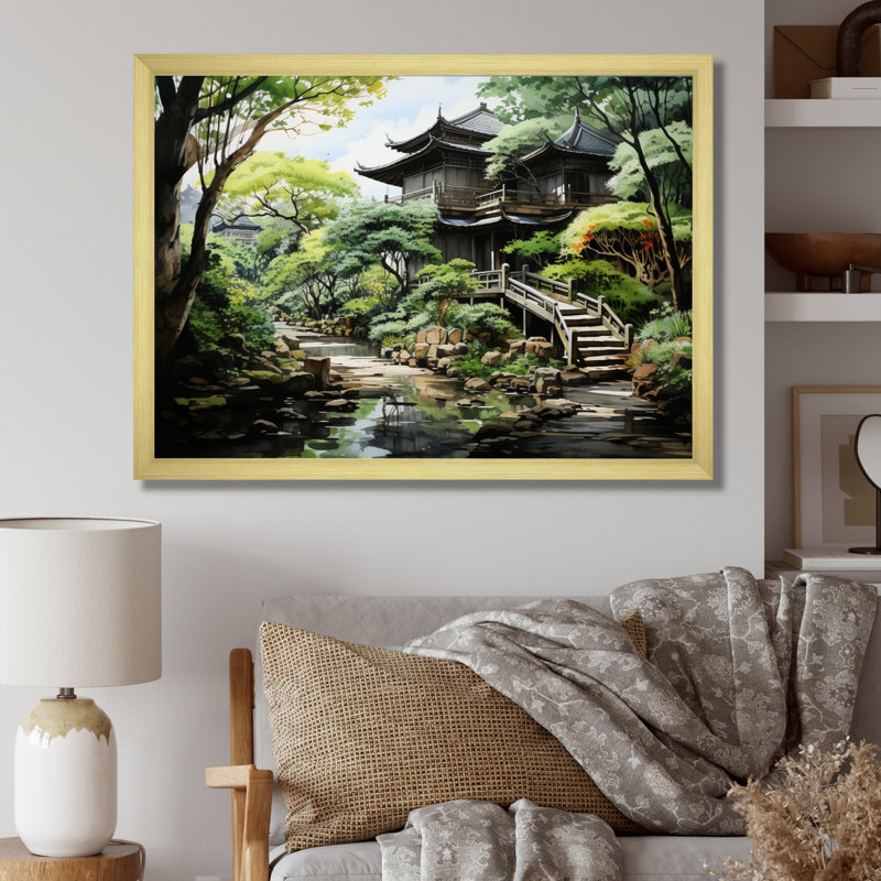 «Japon Zen Garden Serenity I», reproduction sur toile, Cadre doré simple, H 16 po x l 32 po x P 1 po