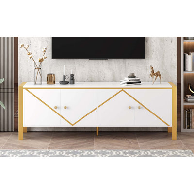Meuble télé 70,9 po minimaliste moderne pour téléviseur de 75 po ou moins, meuble multimédia avec 2 armoires spacieuses pour le salon