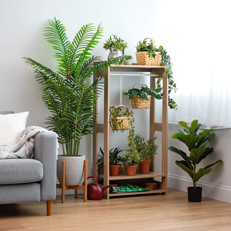 Petit support à vêtements ouvert en bois - brun clair - support à vêtements compact avec tablettes et crochet latéral