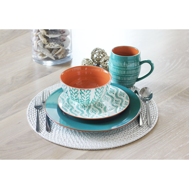 Turquoise Glazed Ceramic 16-Piece Dinnerware Set with Trim Embellishment