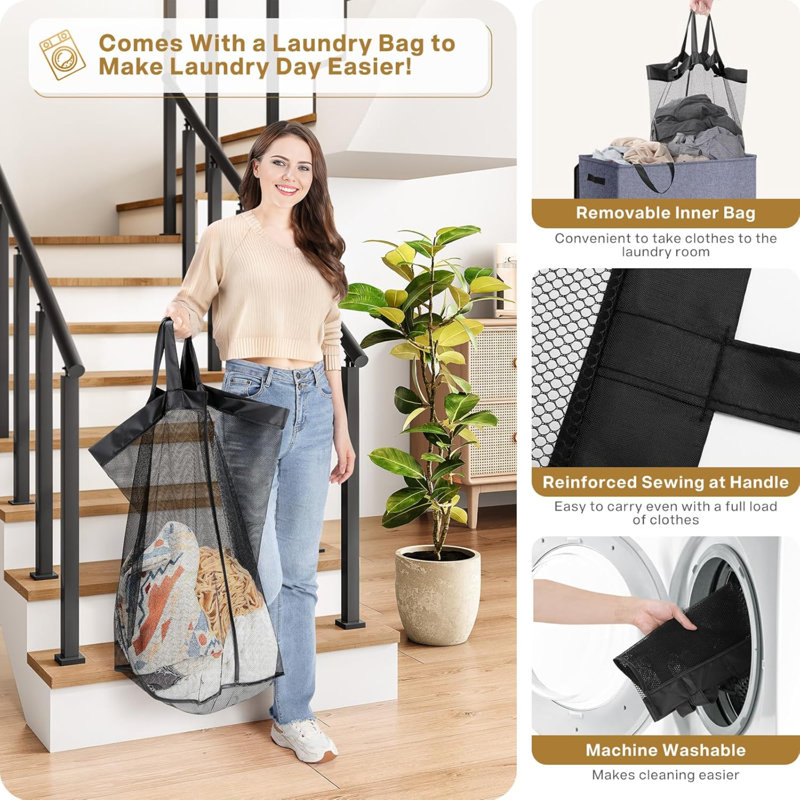 Grand panier à linge double avec couvercle, panier à linge pliable 2 sections avec sacs amovibles, panier à linge peu encombrant pour chambre à coucher, dortoir, université