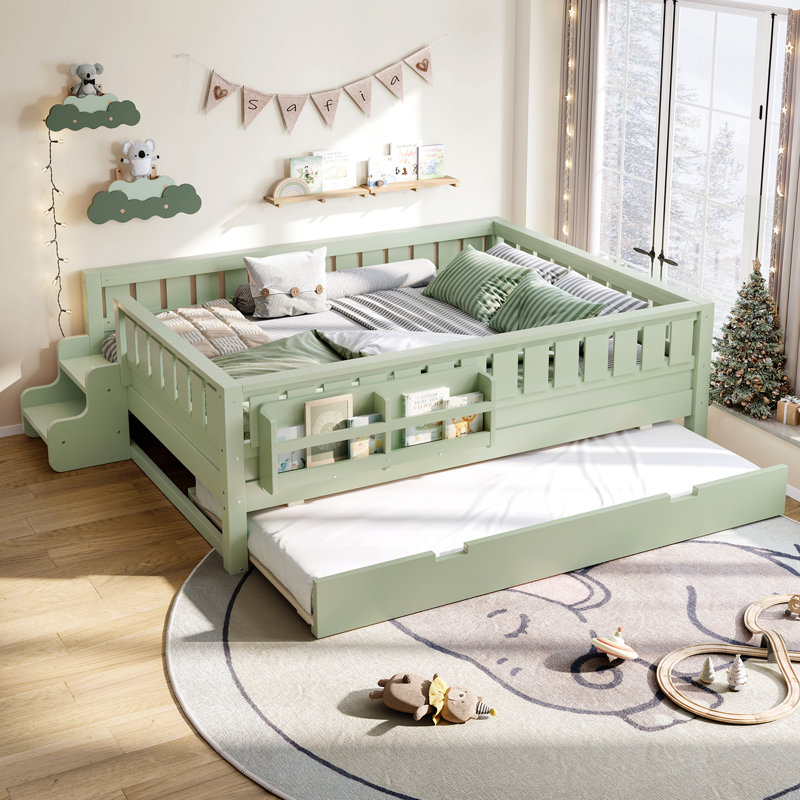 Full Size Bed with Built-in Bookshelves, Small Staircase, High-Quality Safety Rails & Trundle, Gray, Gray, Full
