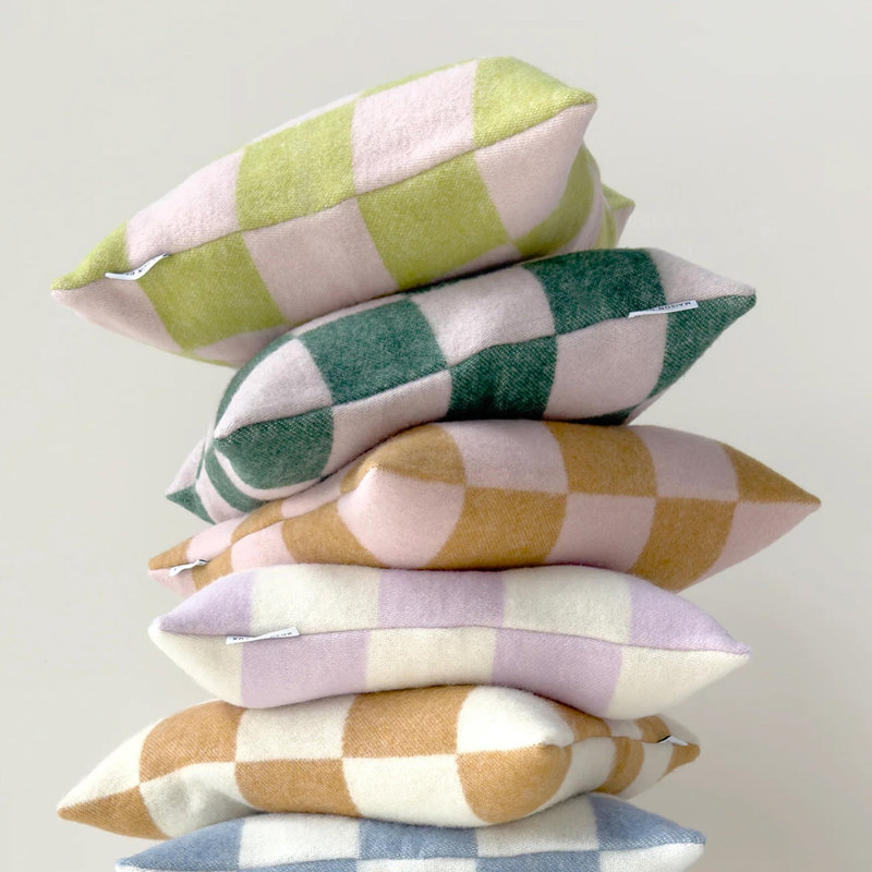 CHECKERBOARD Wool Lumbar Pillow Cover, Kiwi/Pink