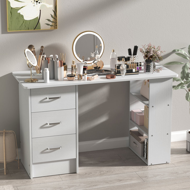Makeup Vanity With 3 Drawers And Shelf Storage, Nail Table, White