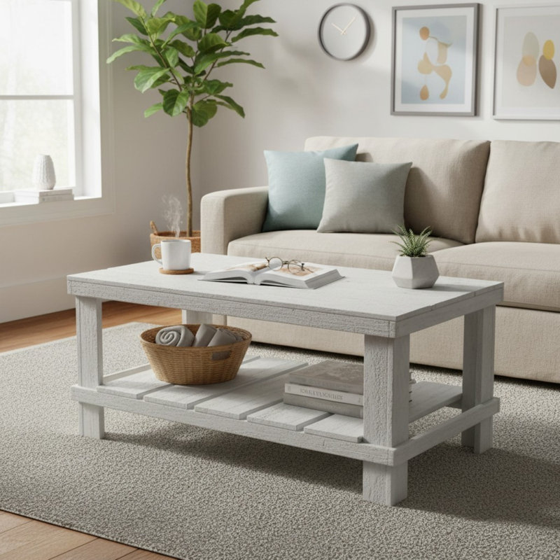 Farmhouse Coffee Table With Storage Shelf, White