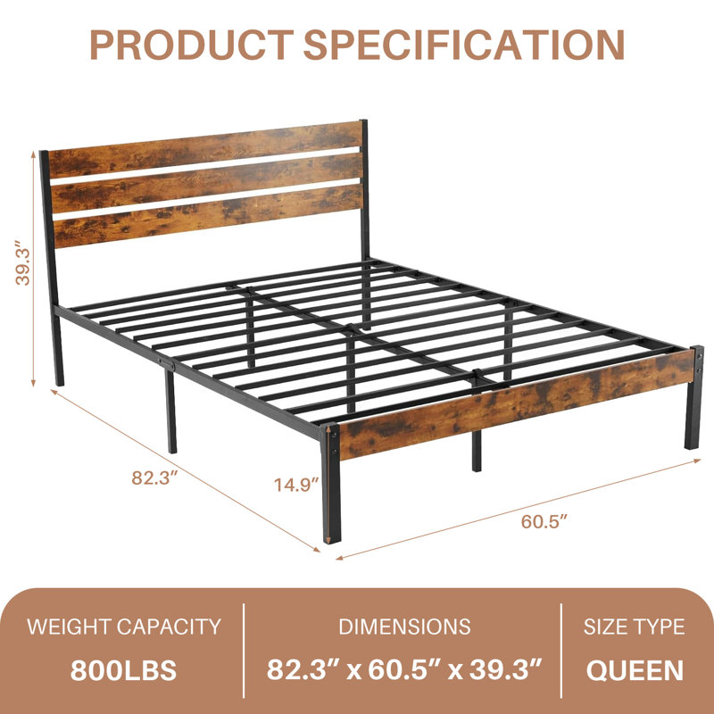 Base de lit plateforme avec tête et pied de lit en bois sans sommier, Grand lit