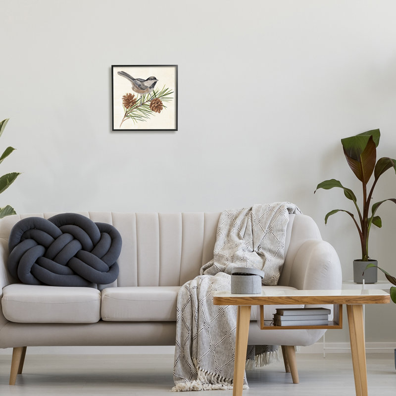 12" x 12" Black Framed Canvas Print of Bird on Pine Branch