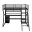 Lit mezzanine double en métal avec poste de travail intégré, garde-robe ouverte, DEL et rangement multiple