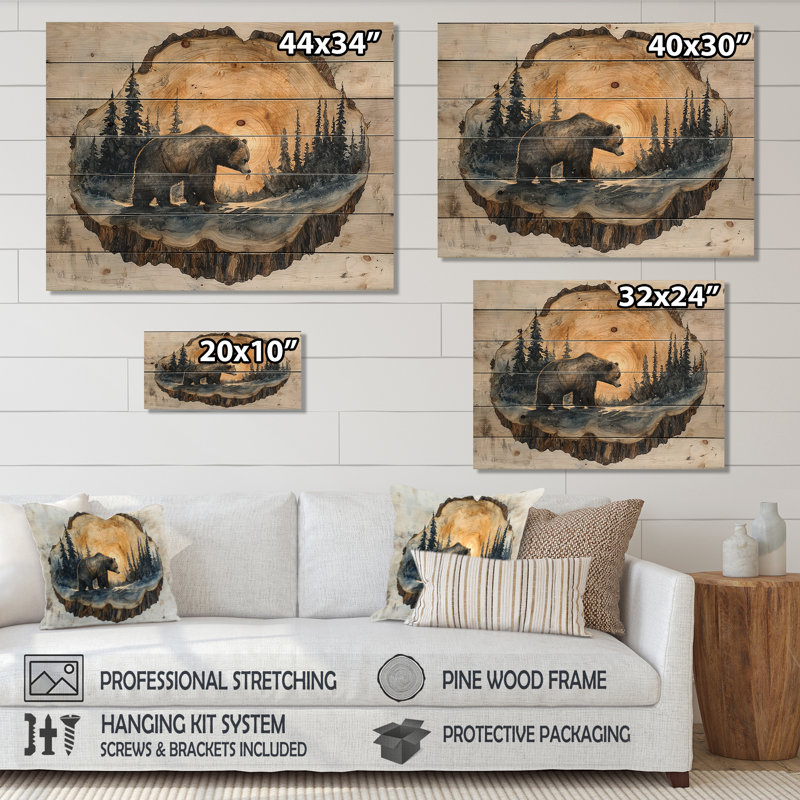 «Grizzly Bear Into The Winter Landscape I», impression sur bois d'ours - sur bois de pin naturel