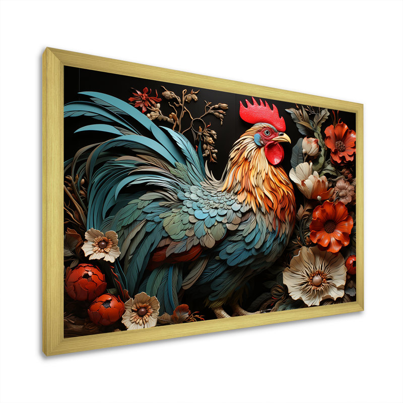Art mural coq moderne avec coq moderne, Cadre doré à coins fermés, H 16 po x l 32 po x P 1 po