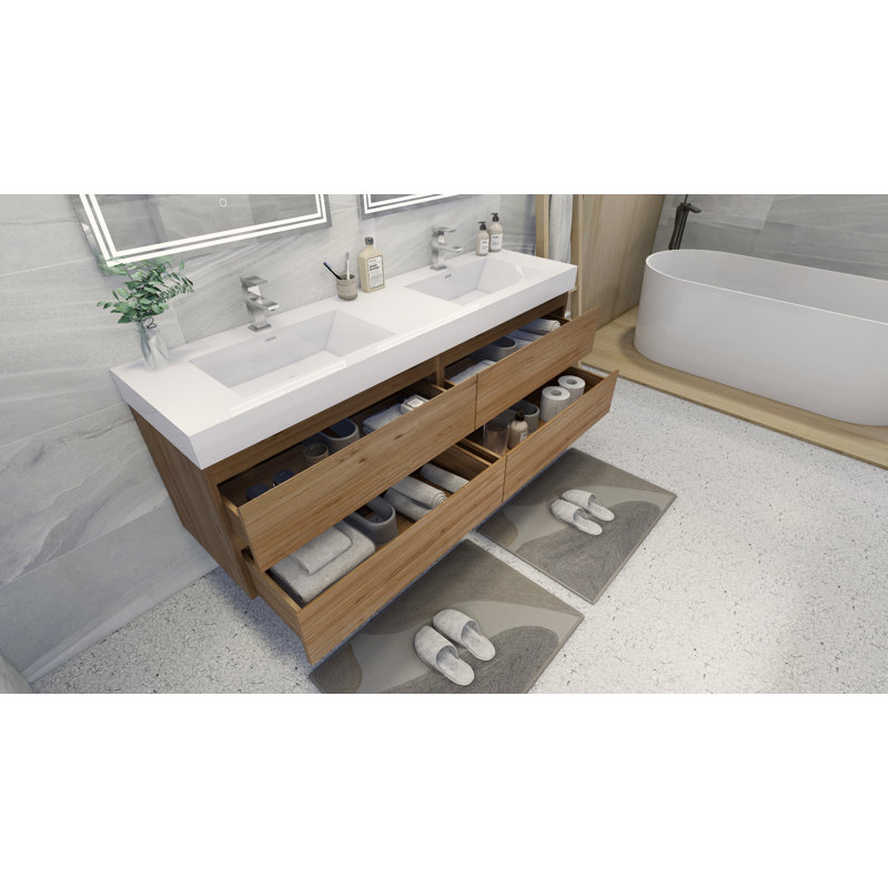 Mitul 70.75'' Double Bathroom Vanity with Acrylic Top, Natural Oak