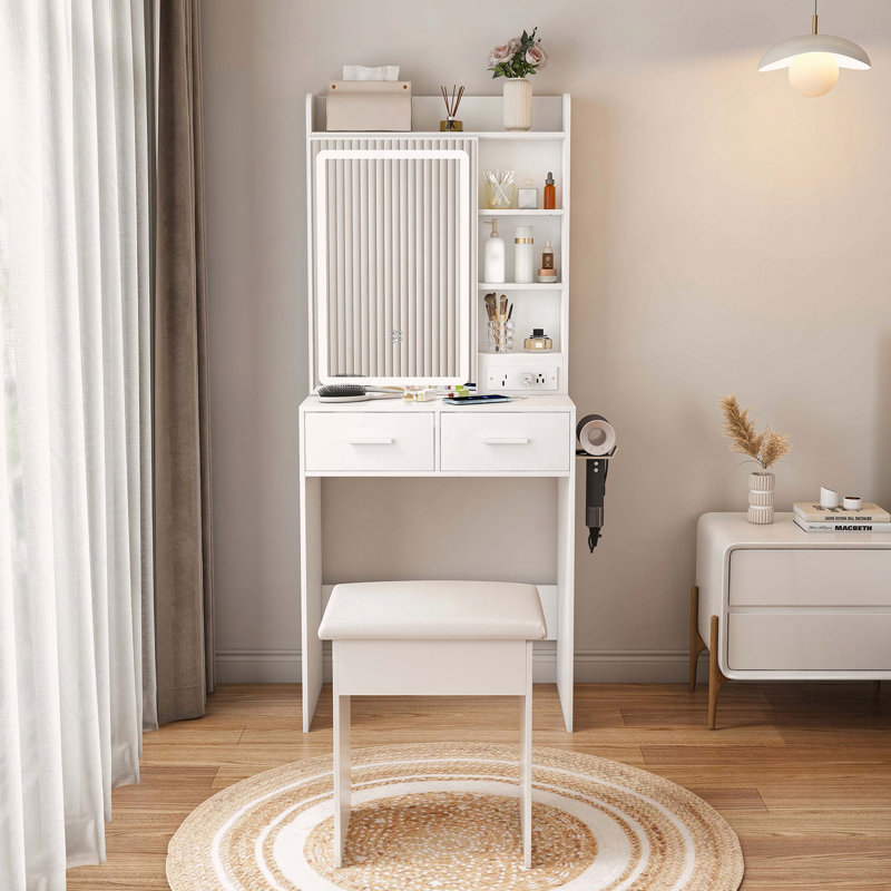Petit bureau de coiffeuse avec miroir à DEL réglable et prise de courant
