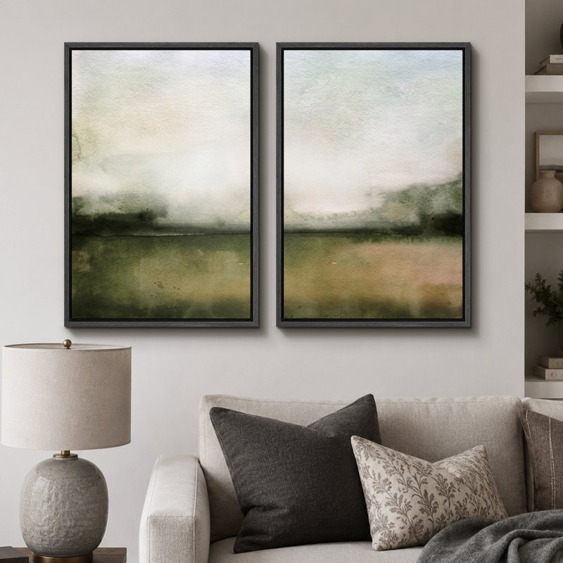 «Minimal Landscape», art à l'aquarelle vert pâle, images murales minimalistes classiques simples, impression sur toile encadrée, ensemble de 2 pièces, 16 x 24 x 2, 24 x 36 x 2