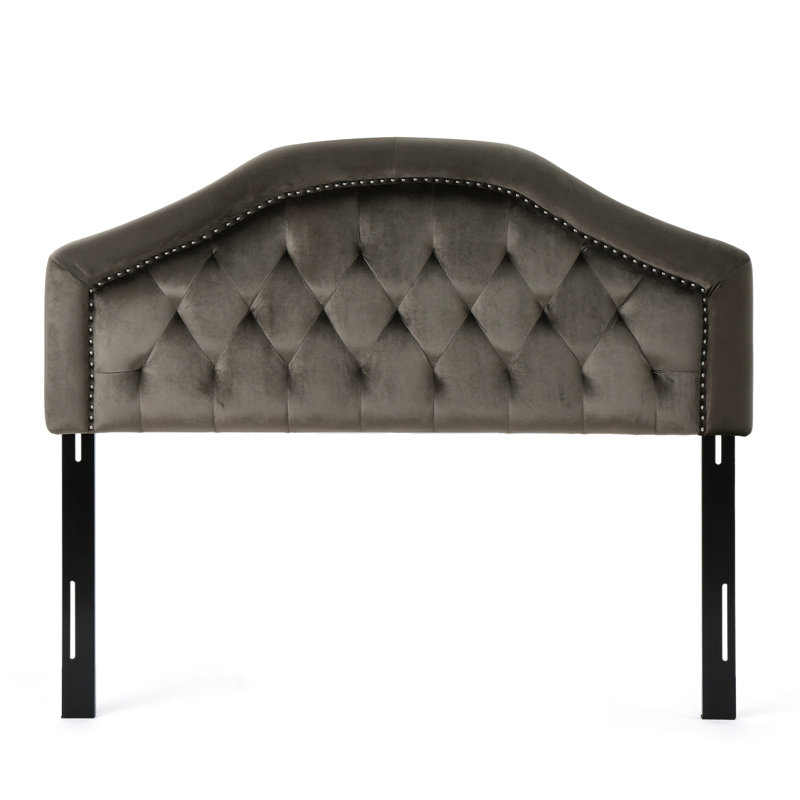 Grey Headboard With Velvet Upholstery And Modern Elegance Upholstered For Beds, Revealing Button Chic Nailhead, Gray, Twin